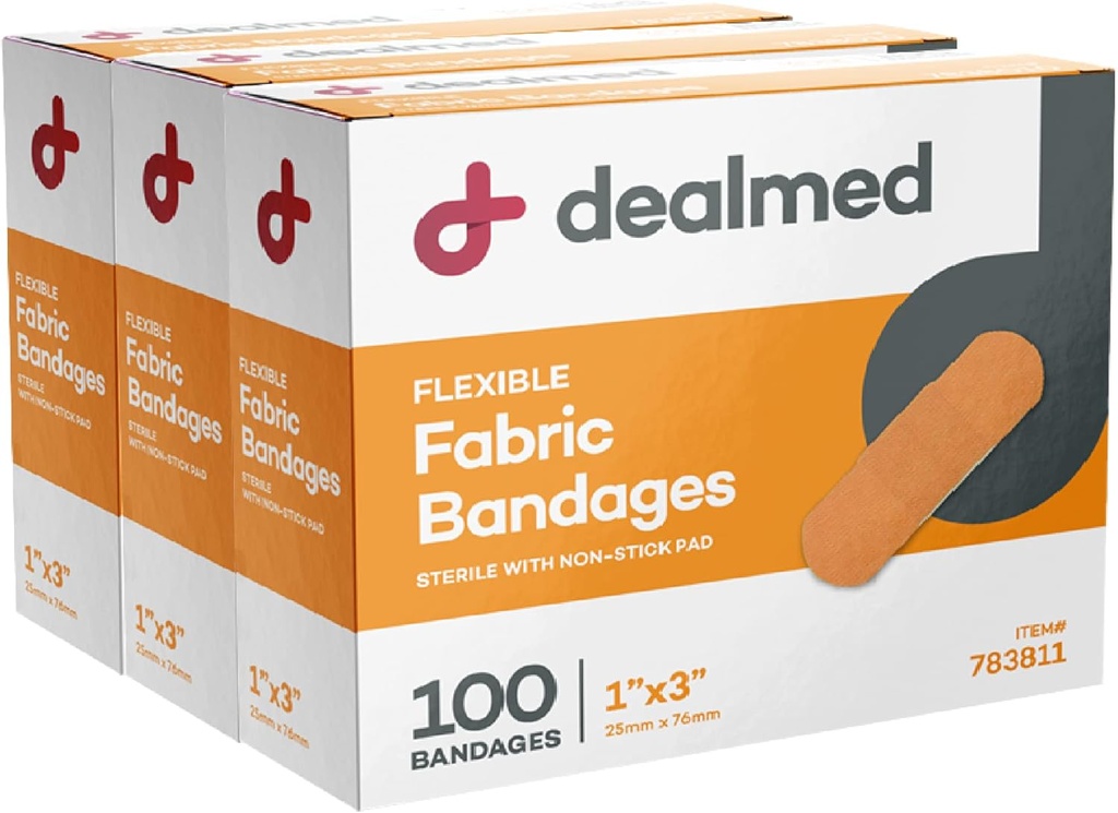 Dealmed Sterile 유연한 직물 접착제 붕대 - 1x3 인치 - 100 / 박스 - 3 박스 - Breathable 응급 처치 스트립 팩 - 의료, 응급 키트 및 클리닉을위한 부드러운 스트레치 상처 패치