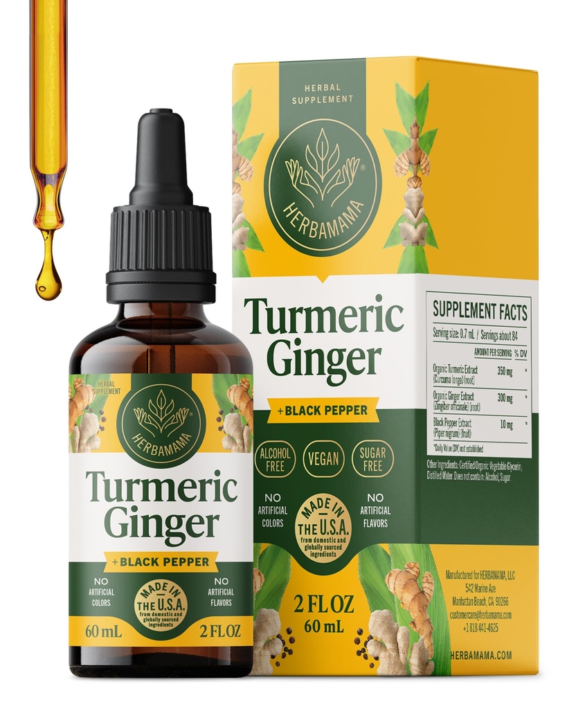 HERBAMAMA Turmeric Curcumin 및 Ginger Supplement - 액체 생강 뿌리와 Vegan Immune 혼합, Turmeric & Black Pepper Extract - Non-GMO, 알코올 및 Sugar-Free Immunity Drop