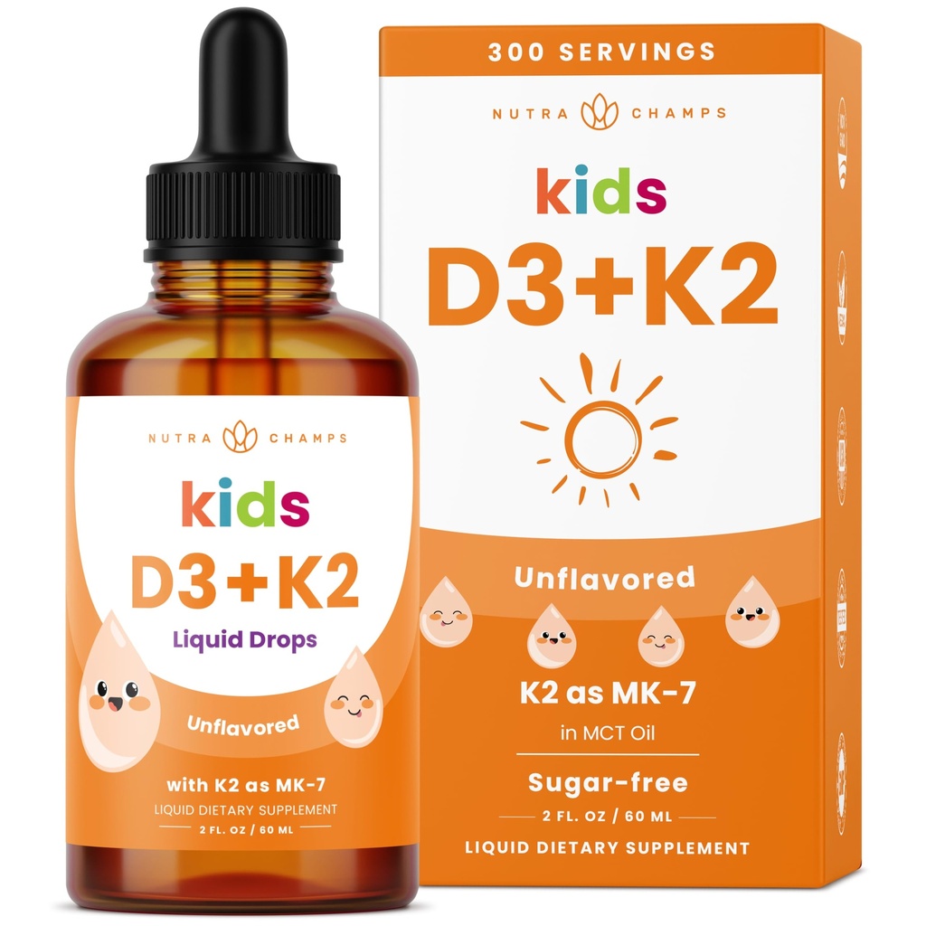 NutraChamps Kids 비타민 D 3 K2 Drops, 비타민 D3 & K2 MK-7, 아이 1000 IU, 건강한 뼈, 심장 & 면역 체계, 유아를 위한 설탕 자유로운 보충교재, 300의 서빙