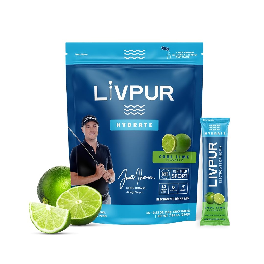 LivPur Electrolyte 음료 혼합, 비타민 C, B6, B12 및 근육 지원 & 면역 건강, 스포츠 Essentials, Cool Lime 풍미, 15 스틱 팩과 인스턴트 히스 파우더