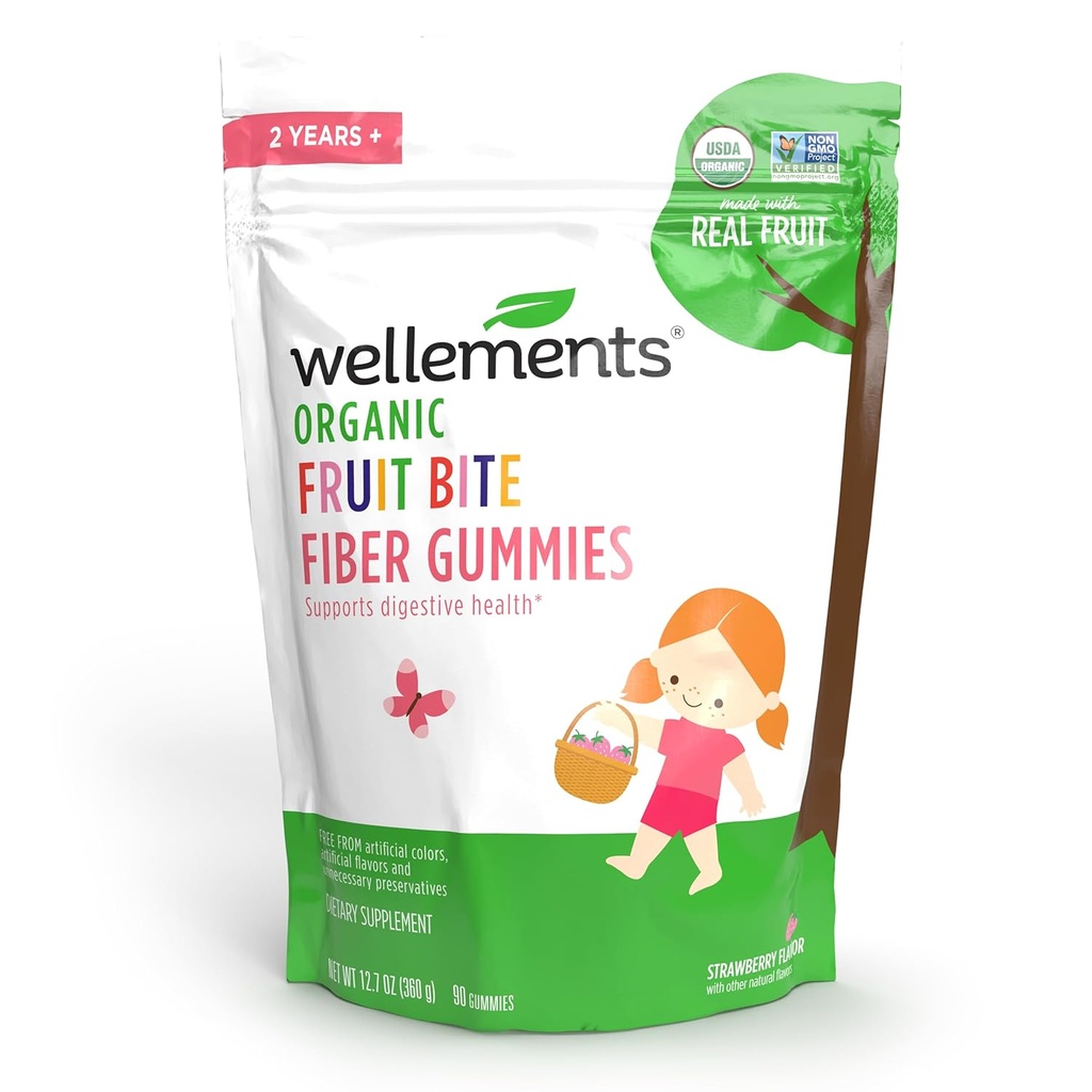 Wellements Organic Fiber Fruit Bite Gummies | 지원 키즈 & 유아 소화 건강 * | 제작된 w/REAL FRUIT | 서빙 당 3g 섬유 | Yummy Strawberry 풍미 | 나이 2+