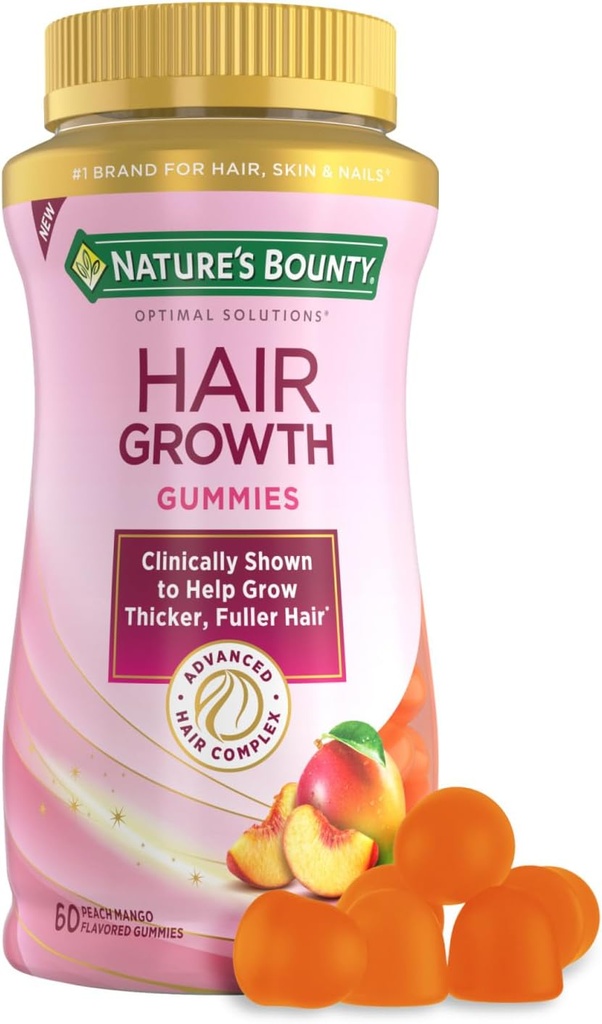 Nature 's Bounty Hair growth Gummies for Supporting thicker, Biotin, Silicon & Arginine, Peach Mango 풍미가있는 Fuller Hair - 글루텐 무료, Lactose, Sodium 또는 Fish, 60 Count / 30 서빙 없음