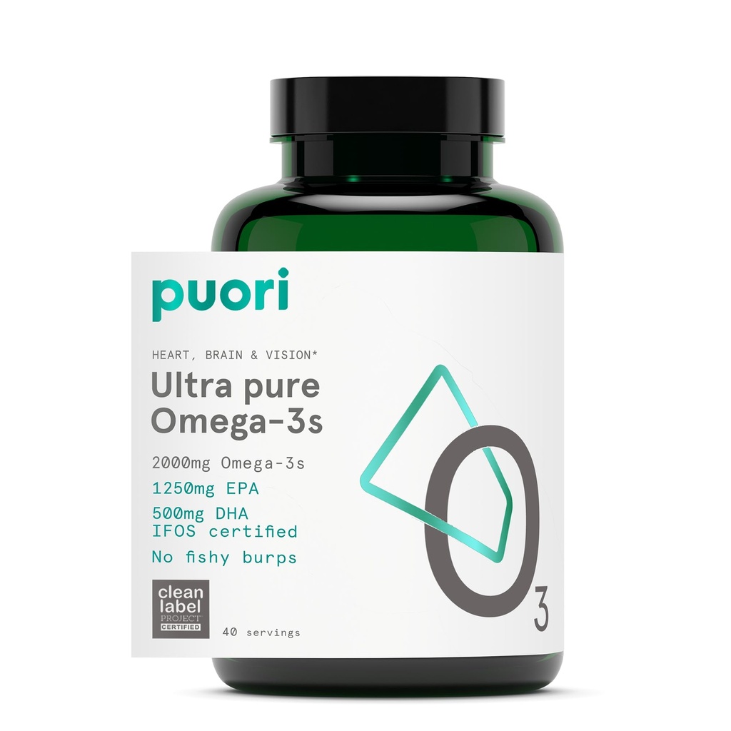 Puori 오메가 3 물고기 기름 보충교재 - 2000mg 오메가 3 지방산, 1250mg EPA & 500mg DHA를 가진 매우 순수한 & Burpless 야생 잡힌 물고기 기름은 심장, 뇌 및 눈 건강을 지원합니다 - 증명되는 IFOS - 120 Softgels