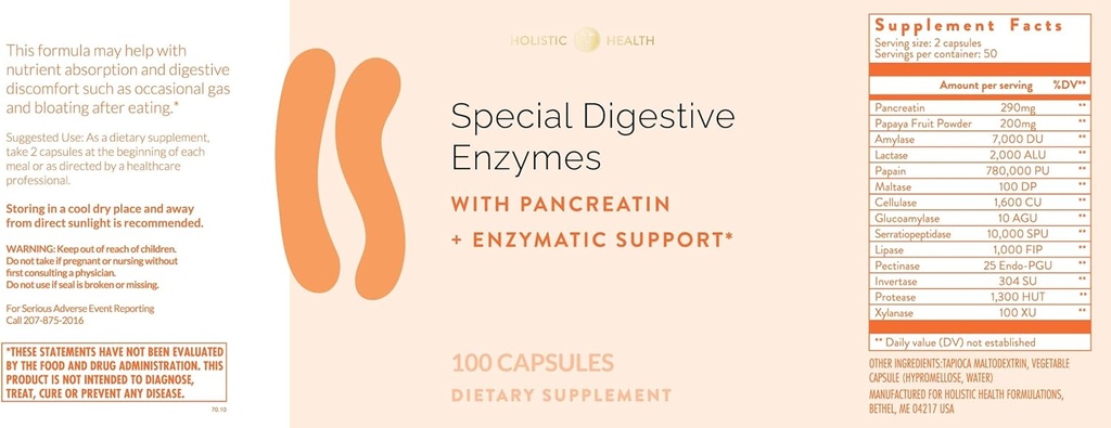 Holistic 건강 특별한 소화 효소 100 캡슐