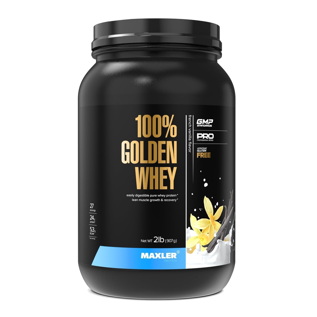 Maxler 100 % Golden Whey Protein - 서빙 당 단백질 24g - 사전 포스트 운동을위한 프리미엄 Whey Protein Powder - 빠른 흡수 Whey Concentrate Isolate Hydrolysate Blend - 프랑스어 Vanilla Protein 2lb