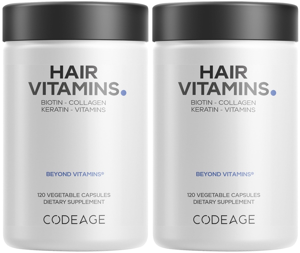 Codeage 머리 비타민 10000 mcg Biotin, Keratin, 교원질, 비타민 A, B12, C, D3, E, 아연, 심황, Probiotics, 효소, Inositol - 머리 관리 지원 - 건강한 머리 보충교재 알약 - 2 팩