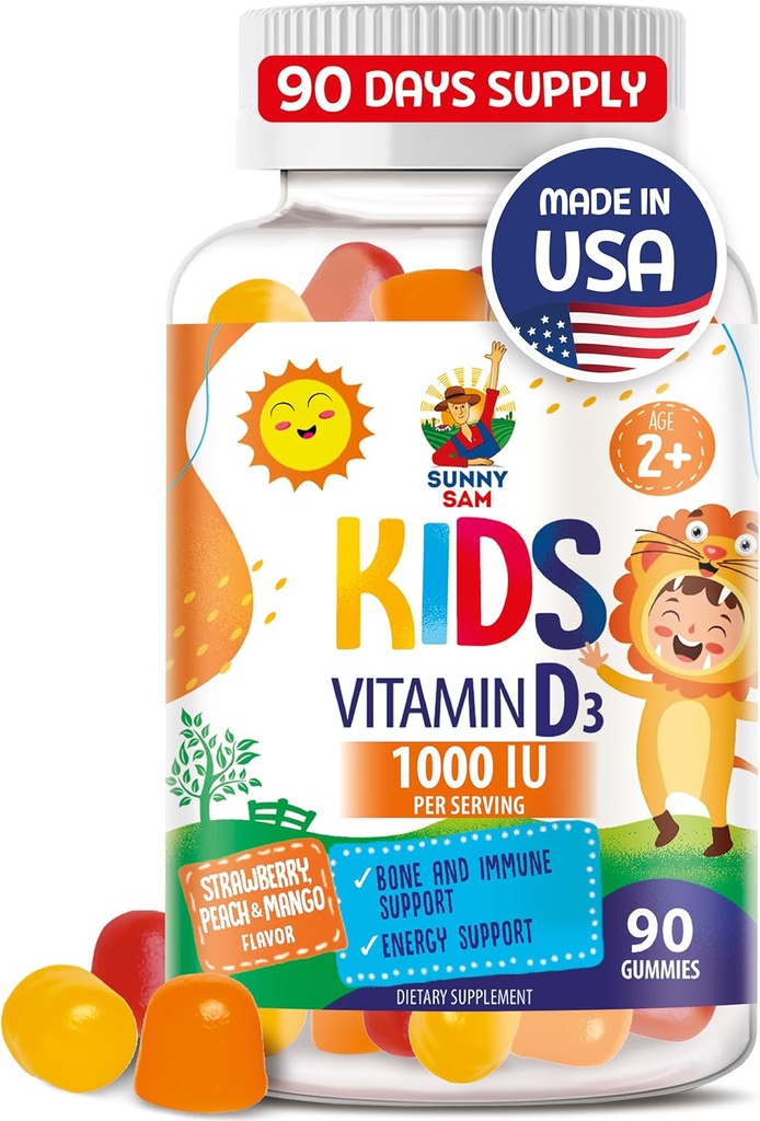 SUNNY SAM Vitamin D3 Gummies 1000 IU for Kids & Adults - 자연 풍미가있는 면역 지원 가슴 - 채식주의, 젤라틴 무료 면역 지원 비타민 어린이를위한