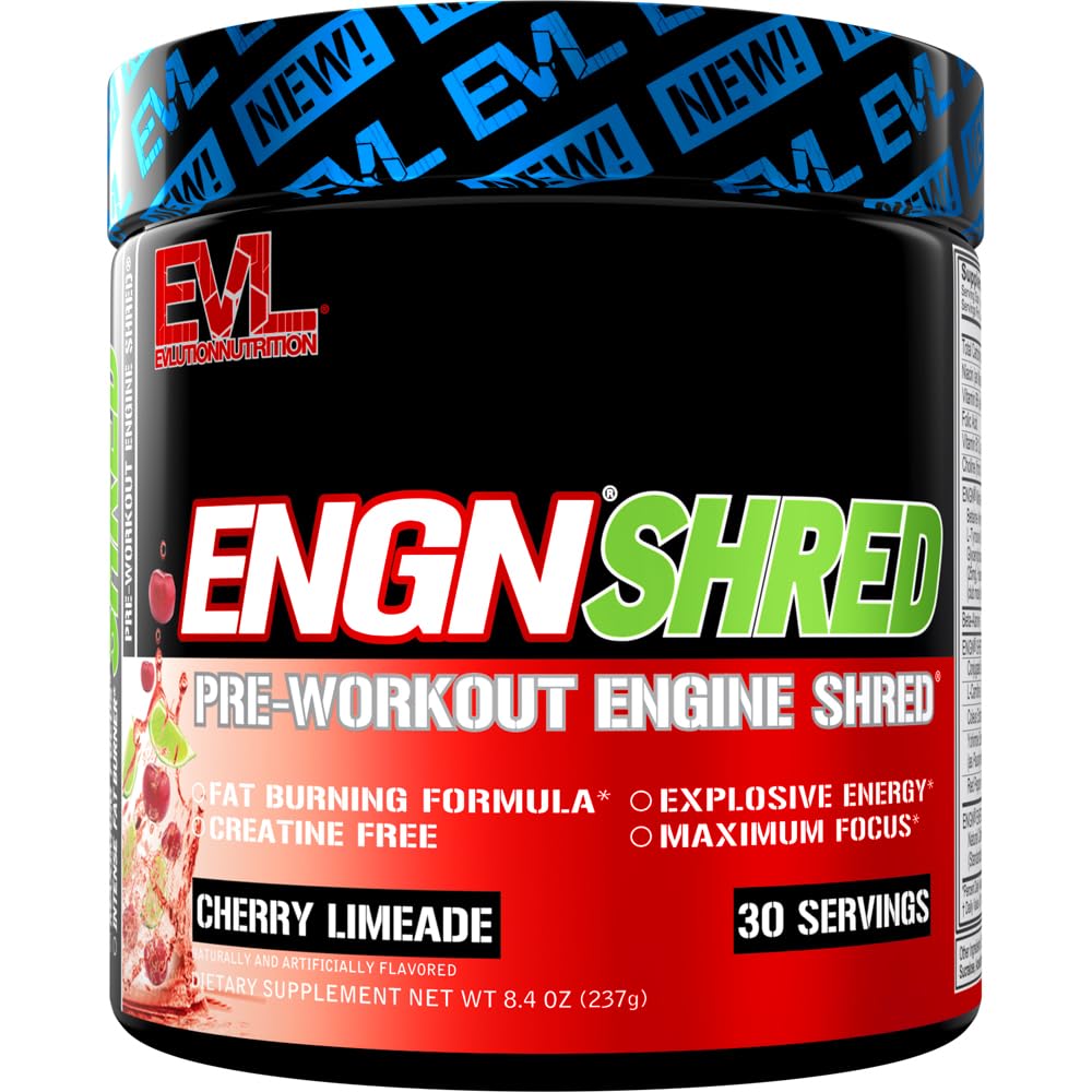 EVL 궁극적 인 사전 운동 분말 - Thermogenic 뚱뚱한 가열기 Preworkout Powder Drink for Lasting Energy Focus and Stamina - ENGN Shred Intense Fat Burning Creatine Free Preworkout Drink - Cherry Limeade