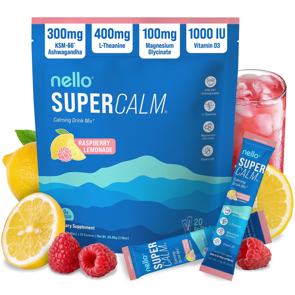 Nello Supercalm는 음료 혼합, 라즈베리 레몬, L Theanine, Ksm-66 Ashwagandha, 마그네슘 글리세라이드, 비타민 D 3, Relaxation & Focus, No Sugar, Non GMO, On the Go, 20 Ct에 대한 보충제를 분말