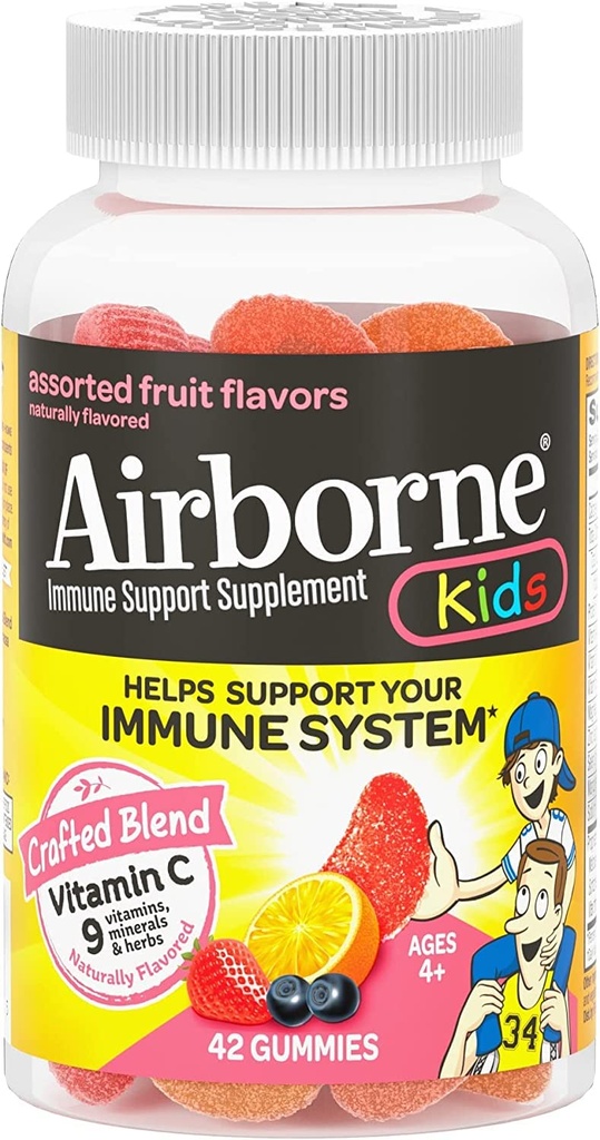Airborne 500mg 비타민 C + 아연 면역 지원 보충교재 아이를 위한 Gummies, 분류된 과일 풍미, 강력한 산화 방지제 비타민 C & E, 42 Gummies (2 팩)를 가진 글루텐 자유로운 공예품 혼합