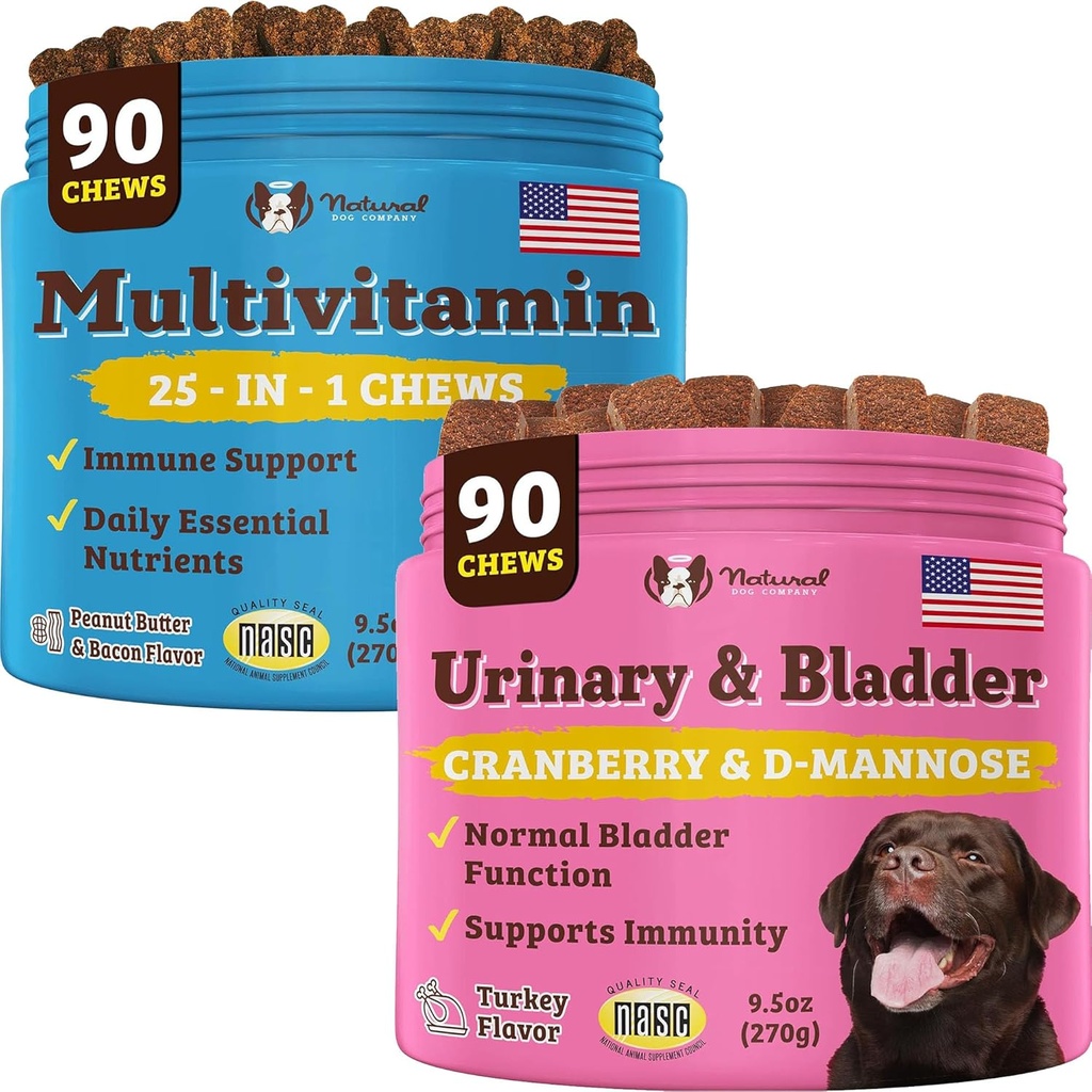 Natural Dog Company Urinary and Multivitamin Bundle - Urinary Tract, Immune System, Joint Health 및 Energy 지원 - Dogs의 전체 웰빙 및 활력을위한 필수 Chews