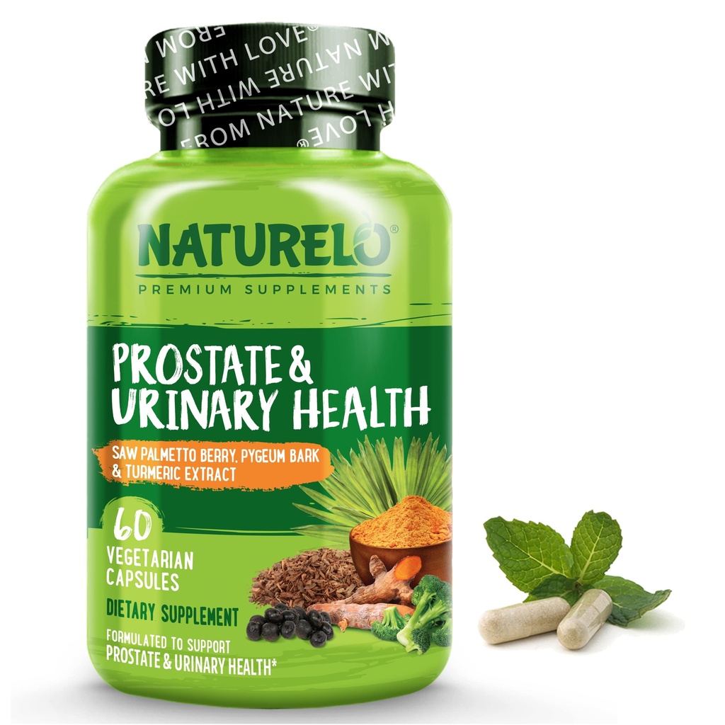 NATURELO Prostate & Urinary Health, Saw Palmetto, Pygeum, Tumeric, Plant Sterols, Broccoli 및 Lycopene, 60 채식 캡슐과 종합 공식