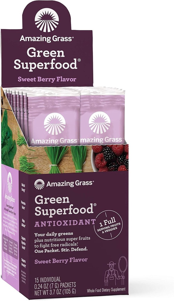놀라운 잔디 녹색 Superfood 산화 방지제 : Spirulina, Elderberry & Probiotics, 달콤한 Berry, 15 서빙과 슈퍼 그린 파우더