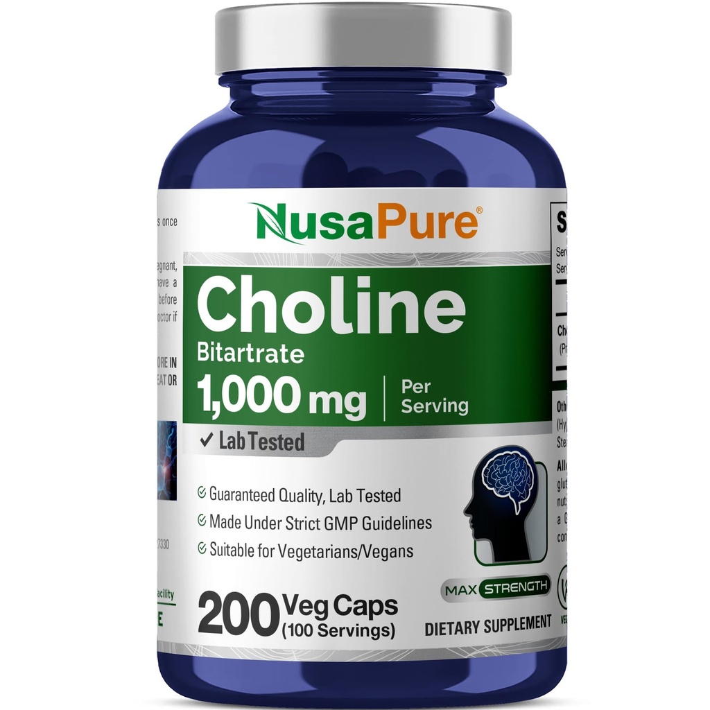 NusaPure Choline Bitartrate 1000 mg 200 Veggie 캡슐 (Vegan Vegetarian, 비 GMO)