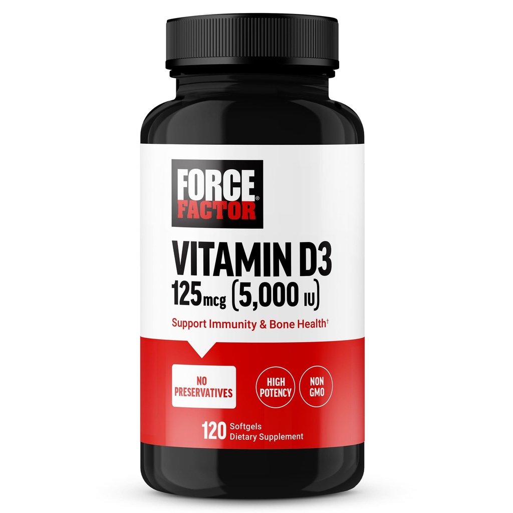 FORCE FACTOR 비타민 D3 5000 IU Softgels, 면역력과 뼈 건강, 프리미엄 품질, 보존제 없음, 120 Softgels를 지원하는 고기능 비타민 D 보충교재