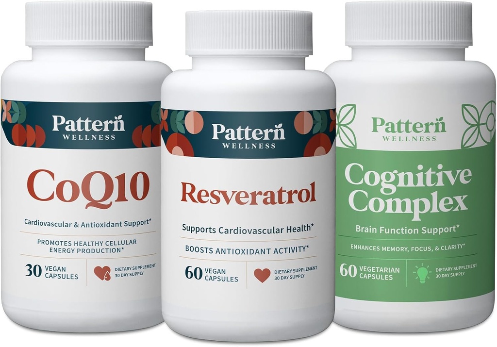 패턴 웰빙 건강한 노화 번들 - CoQ10, Resveratrol, Cognitive Complex - Timeless Health & Wellness - 3 Pack, All-Natural, Vegan-Friendly Formulas를 홍보
