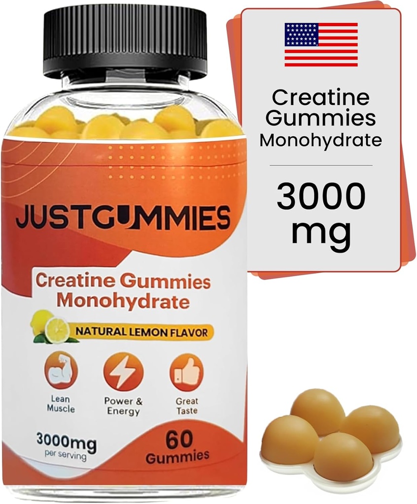 Creatine Monohydrate Gummies 3000 mg per 서빙 | Creatine는 힘을 증가시키고 근육, 채식주의자, 레몬 맛, 60 조사를 건설하는 Gummies를 주입했습니다
