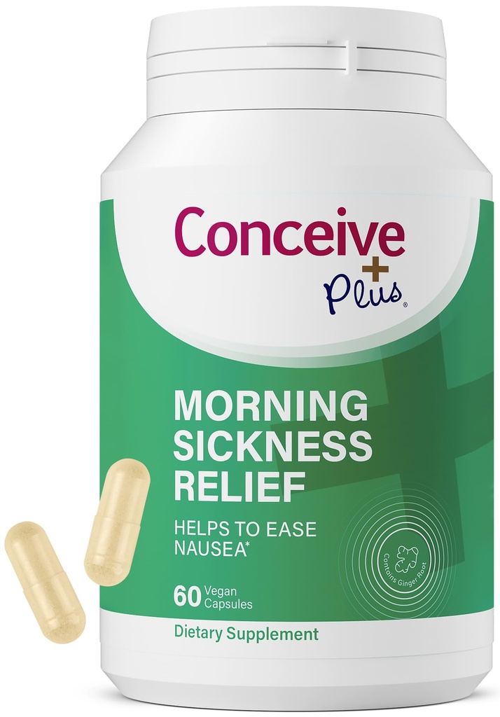 CONCEIVE PLUS Morning Sickness Relief - 순수한 말린 생강 분말 - Nausea, Motion & Stomach Discomfort의 완화 임신 중 - 기대 엄마를위한 필수 - Non-GMO - 60 Vegan 캡슐