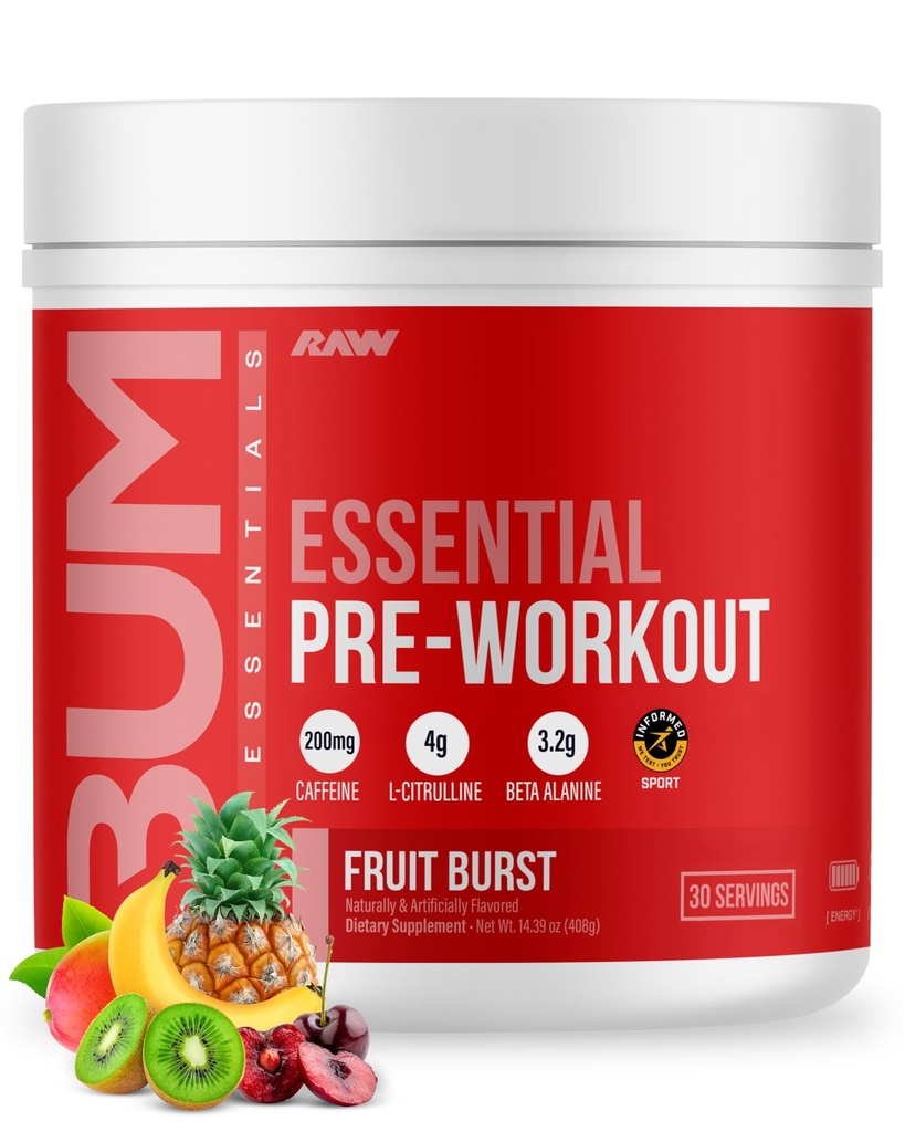 RAW Essential Pre-Workout Powder (Fruit Burst) - Chris Bumstead Sports Nutrition Supplement for Men & Women - Caffeine, L-Citrulline, L-Tyrosine 및 Beta Alanine Blend와 Preworkout Energy Powder