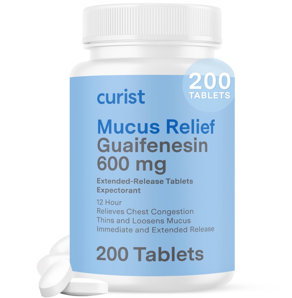 Curist Guaifenesin 600 mg 확장 릴리스 정제 (200 염료 무료 태블릿) - 기대 Mucus Relief, 일반적인 Guaifenesin 600 mg, (Bulk Pack)