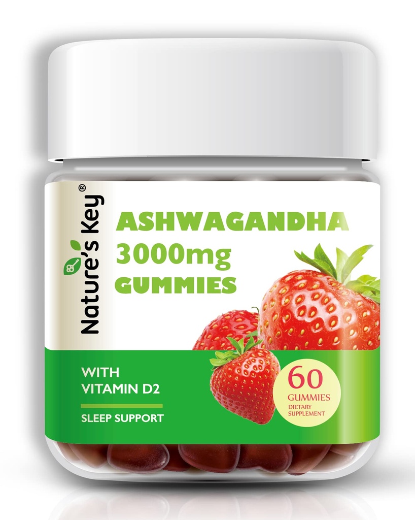 Nature 's Key Ashwagandha Gummies, 3000mg 비타민 D2, 스트레스, Calm Mood 및 Cognition, 남성 및 여성, 딸기 맛 (60 개)에 대한 높은 효능 Ashwagandha 뿌리 추출물