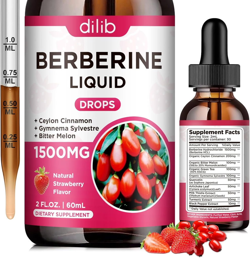 Berberine 보충교재 액체 하락 - Ceylon Cinnamon, Bitter Melon, Immune를 위한 Gymnema Sylvestre, 소화 체계 & 심장 건강, 자연적인 딸기 풍미, 2 Fl Oz를 가진 Berberine HCL 1500mg