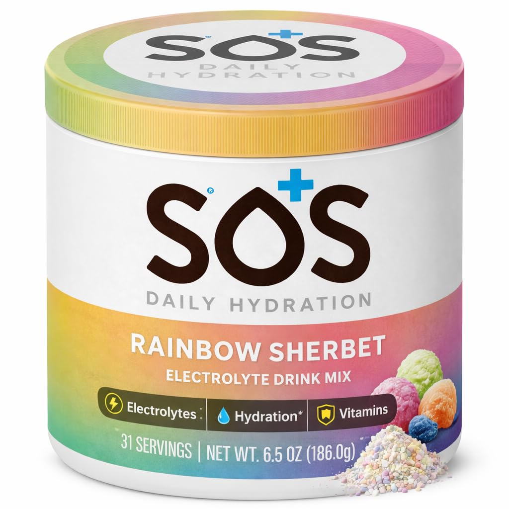 SOS Hydration Electrolyte Powder Drink Mix | 31 인분 | 낮은 설탕 | 15 칼로리 | Keto-Friendly & Rapid Rehydration | 레인보우 셔베르트