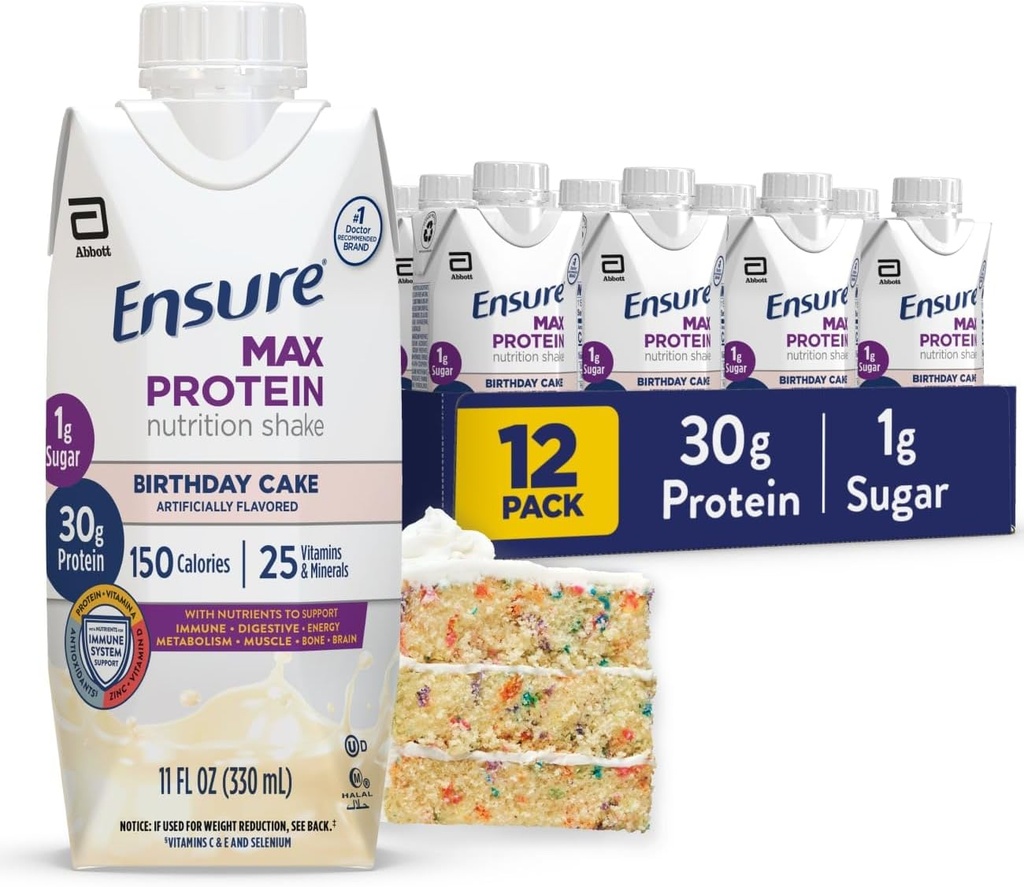Max Protein Shake | 생일 케이크 | 근육 건강을위한 30g Protein | 1g Sugar, 4g Fiber | 11 fl oz, 12 Pack