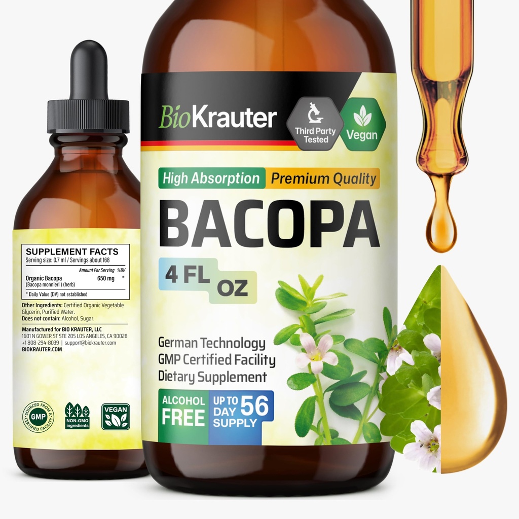 BIO KRAUTER Bacopa Monnieri 보충교재 액체 - 뇌 지원 Brahmi - 알콜 & 설탕 자유로운 액체 Bacopa 허브 하락 4 Fl.Oz.