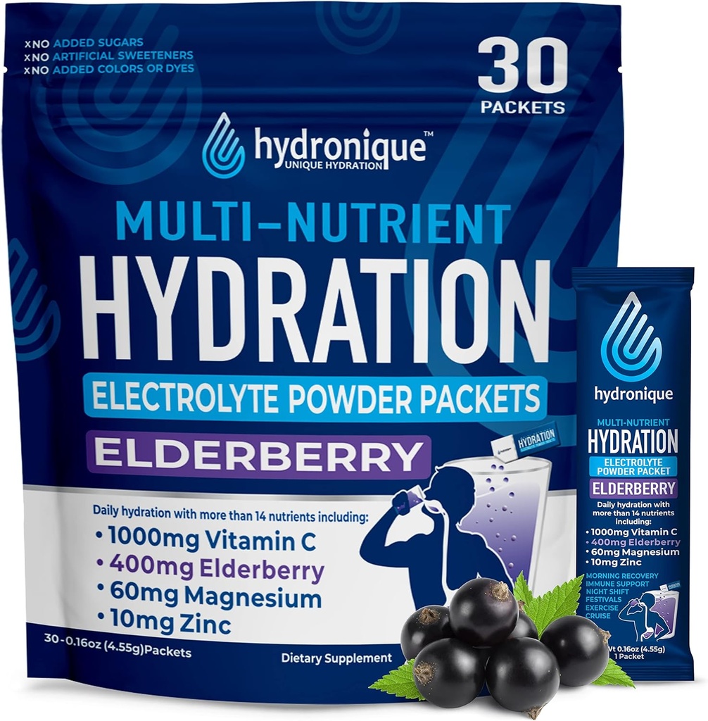 Hydronique Hydration Packets | 저 나트륨 일체 분말 | 54mg 나트륨 | 비타민, 미네랄, 산화제 | 엘더베리 맛 (30 팩)