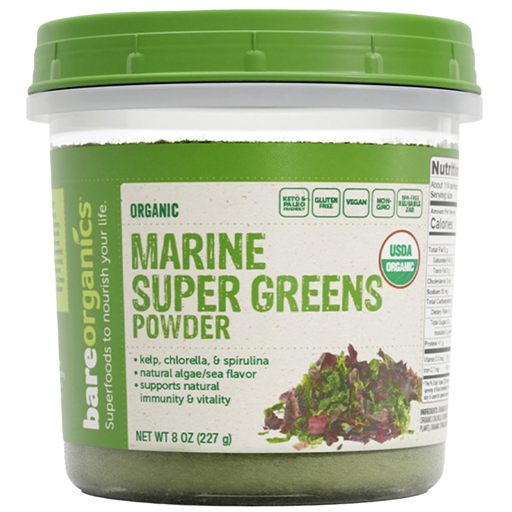 BareOrganics 해양 슈퍼 그린 파우더 - USDA 유기, Vegan, Gluten-Free, Non-GMO, BPA-Free, Superfood Powder with Organic Kelp, Spirulina & Chlorella - 8 oz