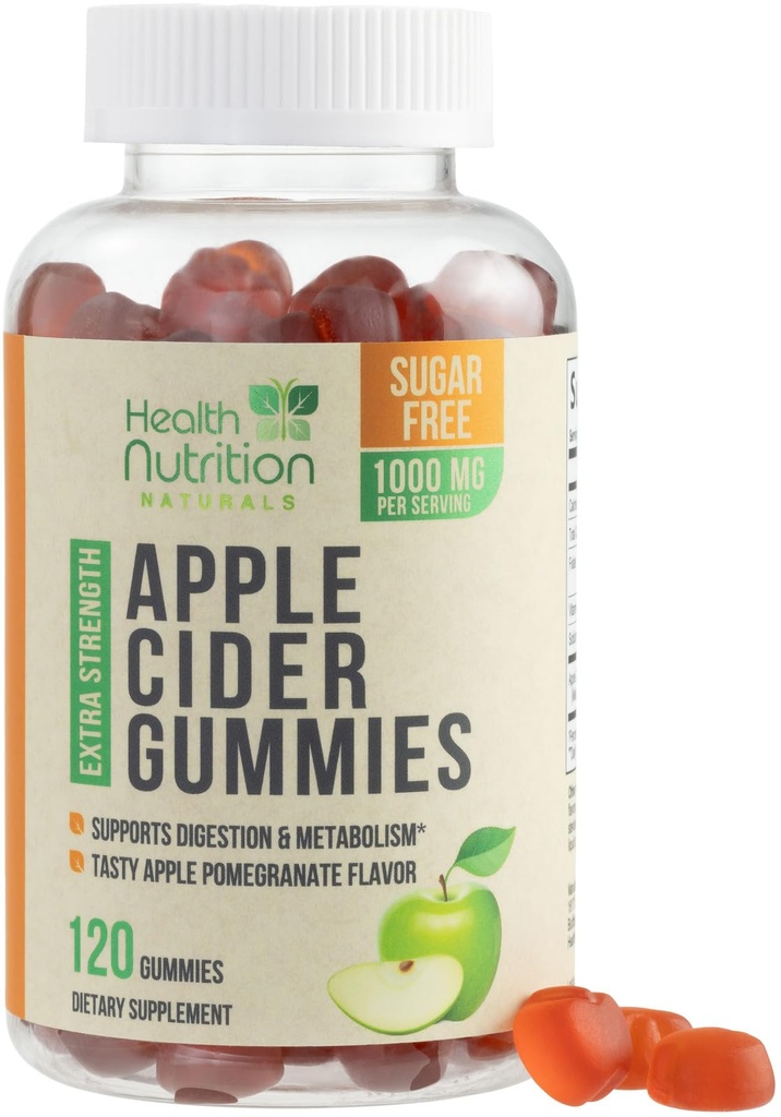 Apple Cider Vinegar Gummies 1000mg - 최대 힘 설탕 자유로운 ACV 거미 비타민, 지원 Metabolism & 에너지, 친절한, 비타민 B12, 젤라틴 자유로운, 글루텐 자유로운, Vegan & 비 GMO - 120 Gummies