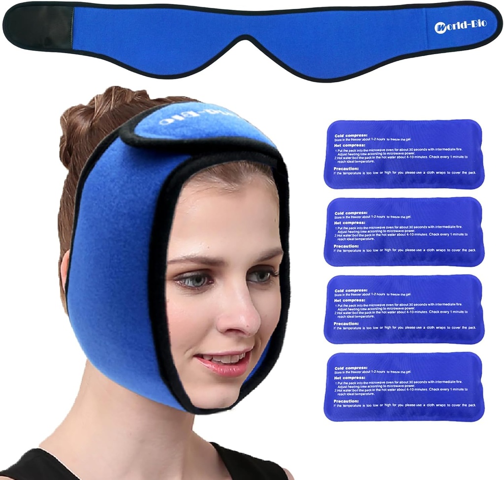 TMJ, Wisdom Teeth, WORLD-BIO Jaw Wrap with 4 Reusable Hot Cold Therapy Gel Pack for Head, Chin, Oral and Facial Surgery, Swelling, Injuries, Dental Implants에 대한 통증 완화를위한 얼굴 아이스 팩 랩