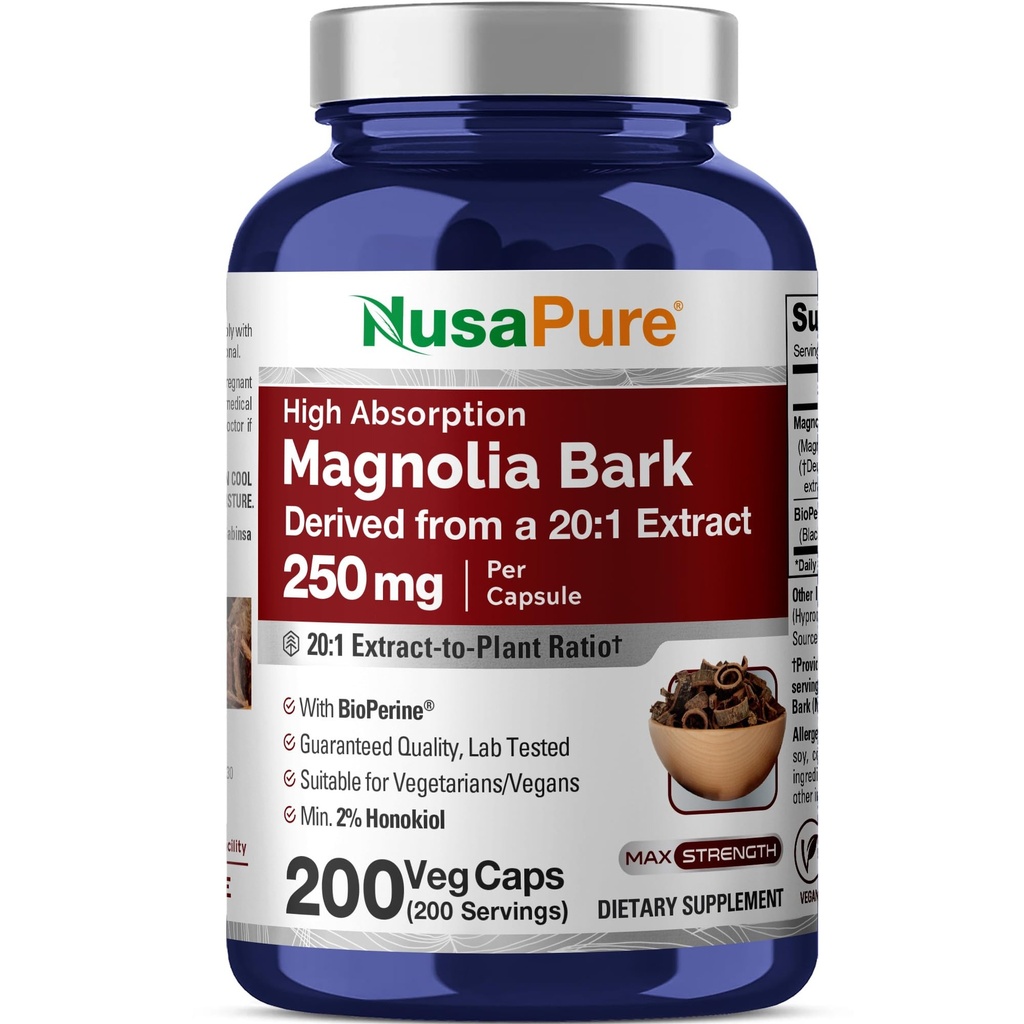 NusaPure Magnolia Bark 20 : 1 추출물, 5,000mg 200 Vegan Vegetarian 캡슐 비 GMO와 250mg