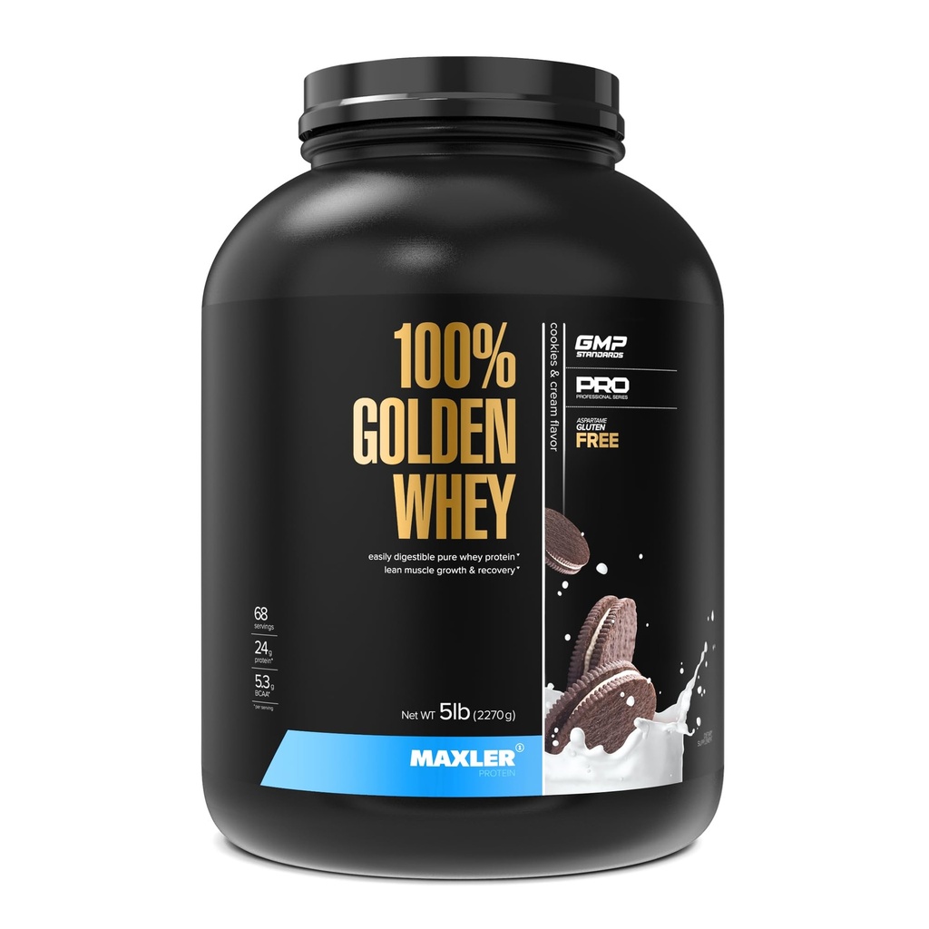 Maxler 100 % Golden Whey Protein - 서빙 당 단백질 24g - 사전 포스트 운동을위한 프리미엄 Whey Protein Powder - 빠른 흡수율, Isolate & Hydrolysate Blend - 쿠키 및 크림 5 lb