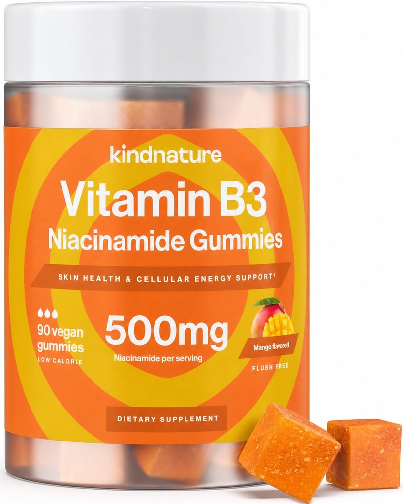 유치원 비타민 B3 Niacin Gummies - Flush 무료 Niacinamide 500mg 보충 - Vegan, Non-GMO, Low-Calorie, Gluten-Free, Soy-Fee, 3rd Party Lab 테스트 - 1 개월 공급, 90 Chewable Gummies