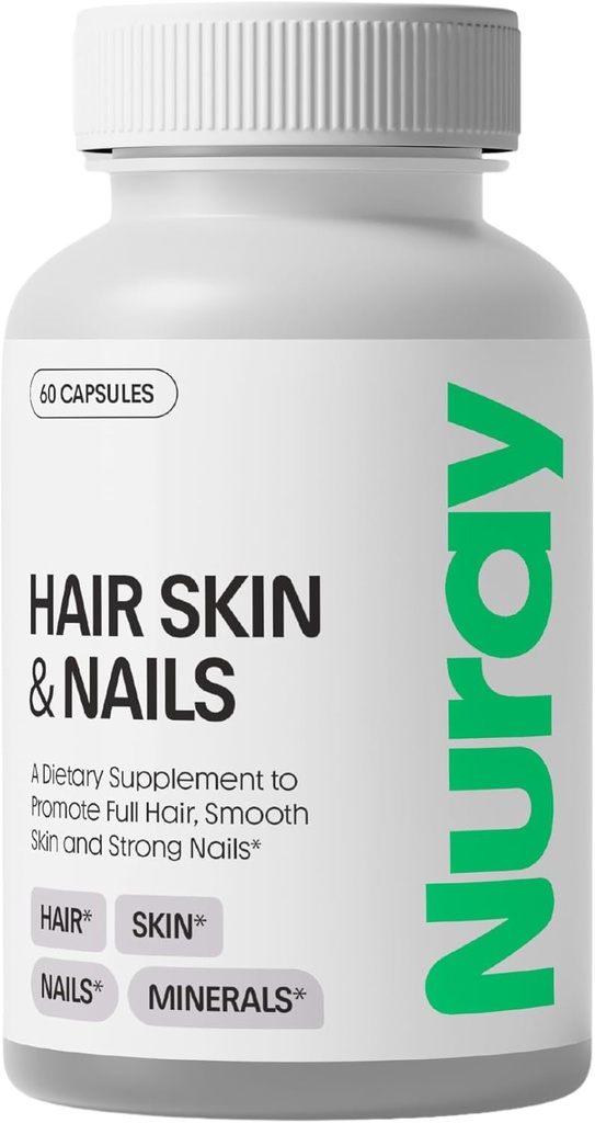 Nuray Hair, Skin & Nails Vitamins – Biotin, Collagen & Hyaluronic Acid – 고급 헤어 성장 보충 – 아름다움, 피부 레이디언, & 네일 강도 촉진 – 비타민 B Complex – 60 캡슐