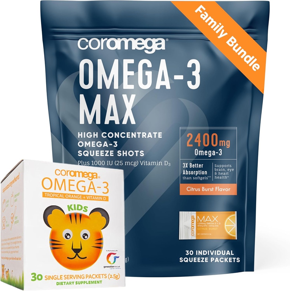 코르메가 가족 뭉치 – 성인 & 아이를 위한 Omega-3 물고기 기름 (60의 Squeeze Packets) 2400mg/650mg Omega-3 + 비타민 D, 3X 알약 보다는 더 많은 흡수, No Fishy Aftertaste, Citrus Burst & 열대 오렌지
