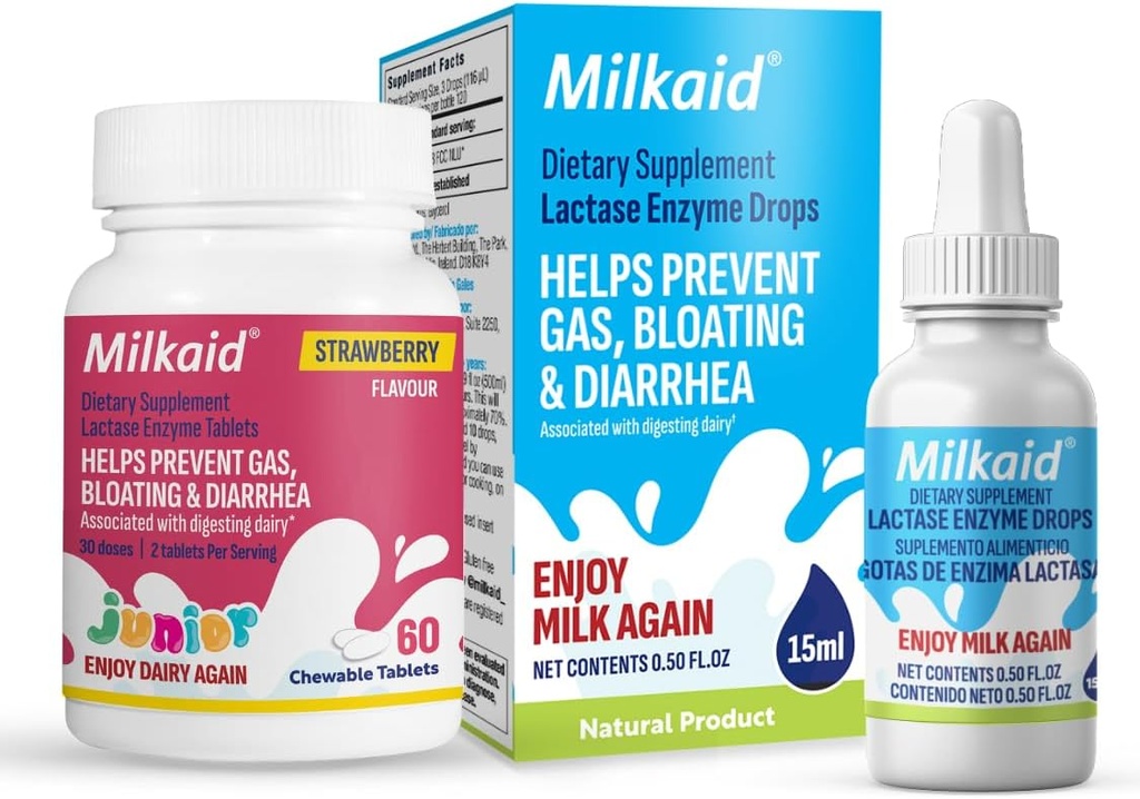 젖소 Junior Lactase Enzyme Chewable Tablets for Lactose Intolerance | Gas, Bloating, Diarrhea in Children|아이를 위한 빠른 행동 낙농장 소화 보충교재|딸기 풍미 | 60 ct (2)