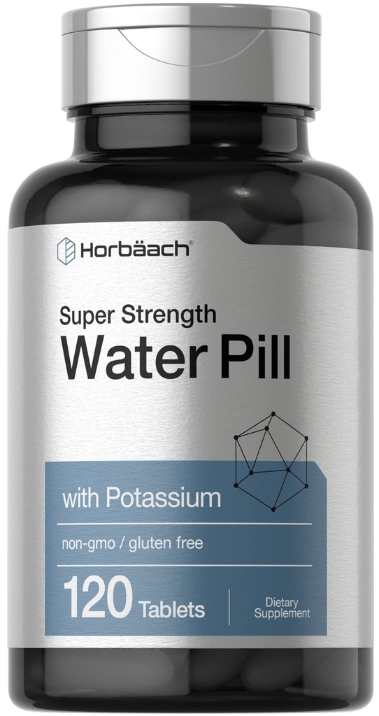 Horbäach Water Pills | 칼륨의 슈퍼 강도 | 120 정제 | 채식주의, 비 GMO 및 글루텐 무료 보충