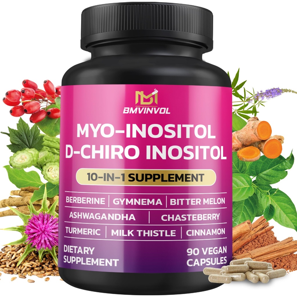 BMVINVOL Inositol 보충교재 - Myo-Inositol와 D-Chiro Inositol 이상 40 : 1 비율 - 더 버버린, cinnamon, Ashwagandha + 5 더 - 90 캡슐