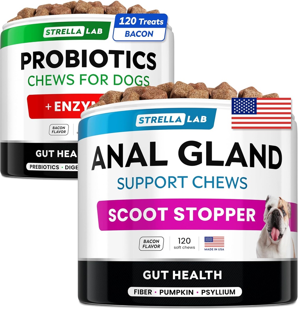 Probiotics + Anal Gland Support Dogs 번들 - 소화 효소 및 Prebiotics - 알레르기, 설사, 변비 및 스코트 치료 - 소화를위한 섬유 보충, Gut Health & Immunity - 미국에서 만든