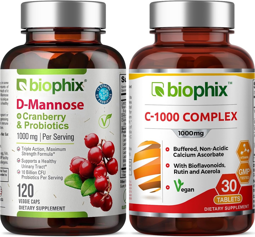 biophix D-Mannose Plus Cranberry Probiotics 1000 mg 120 Vcaps - 무료 비타민 C-1000 30 정제 - Urinary Bladder Tract 건강과 소화를 지원합니다.