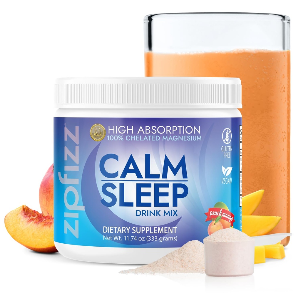 Zipfizz Nightly Calm & Sleep Supplement Powder, Peach Mango, 12.3 oz (30-60 서빙) | 어린이 및 성인을위한 자연 수면 보조 | 마그네슘, Melatonin, L-Theanine | Relaxation & Mood Enhancement