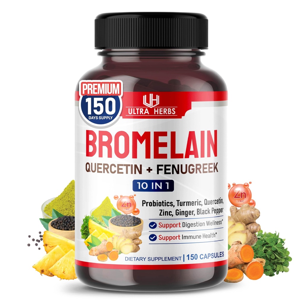 Quercetin, 아연, Fenugreek, Turmeric, Ginger, Black Pepper & Probiotics를 가진 Bromelain 보충교재 - 소화, 합동 건강 & 영양 흡수를 지원합니다 | 150의 캡슐