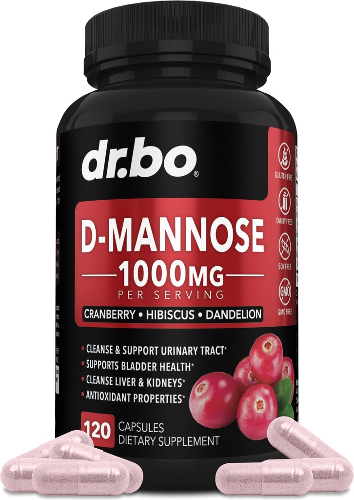 D Mannose는 여성 알약을 보충합니다 - 자연적인 D-Mannose 500mg 캡슐, 서빙 당 Cranberry DMannose 알약 1000mg - Bladder Flush & Urinary Tract Cleanse 건강 보충교재 - 120 Veg 캡슐
