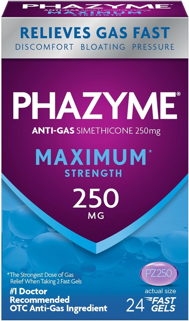Phazyme 최대 * 힘 반대로 가스 250 mg 성인, 빠른 젤을 위한 Simethicone 가스 기복은, 압력 & 불편, 24 조사를 빨리 에세 Bloating