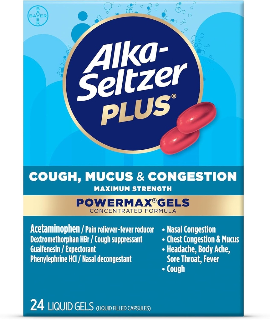 Alka-Seltzer Plus 최대 강도 기침, Mucus & Congestion Powermax 액체 젤, 빠르고 효과적인 가슴 혼잡 구호, Cough Suppressant, 성인 및 어린이 12 년 및 이전 24 조사
