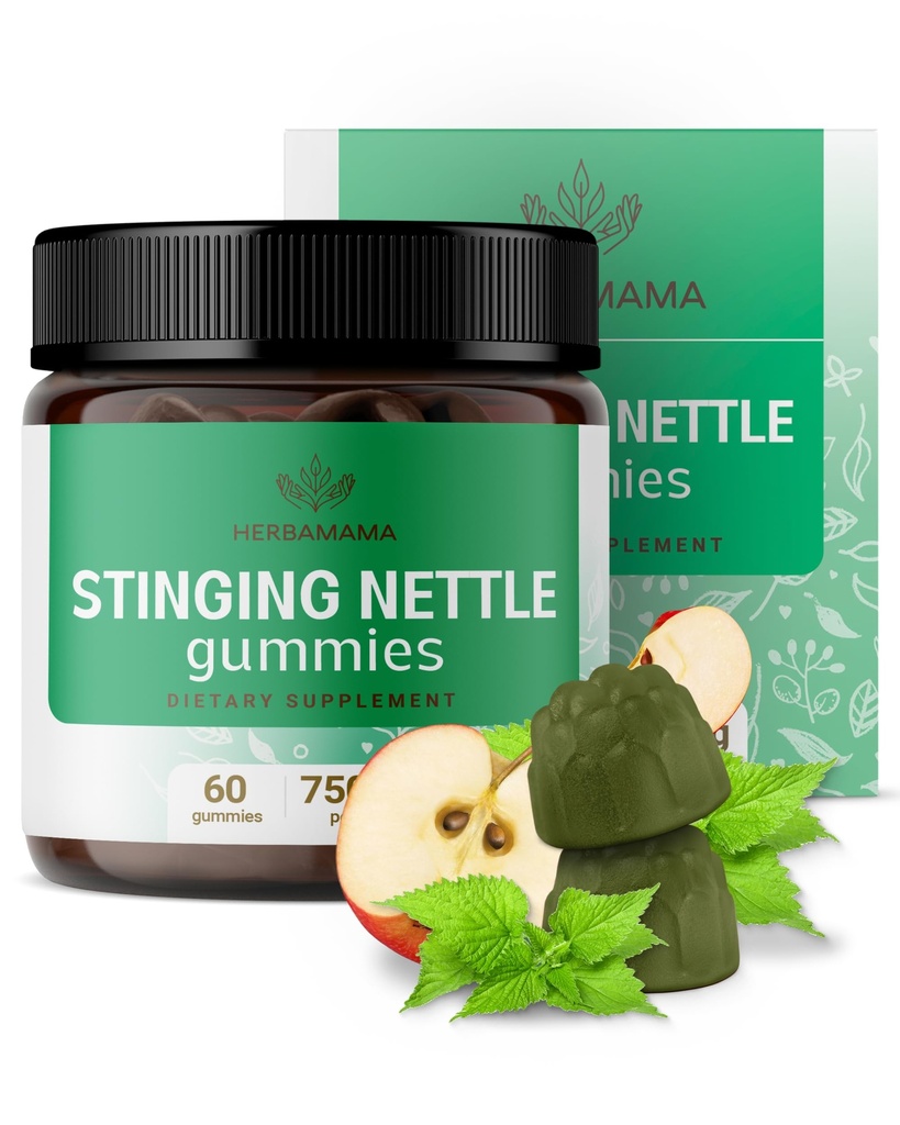 HERBAMAMA Sting Nettle Gummies - 여성 및 남성을위한 Urinary Tract 지원을위한 7500mg Sting Nettle Root Extract - Vegan, Non-GMO Urtica Dioica Supplement - 60 Pectin-Based Apple-Flavored Chews