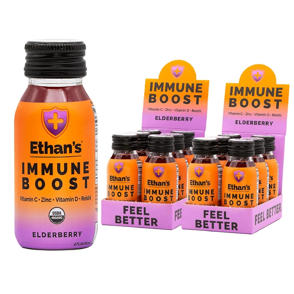 Ethan의 유기 면역 부스트 샷, Elderberry 맛. 더 나은 느낌. Real Fruit, 비타민 C, 비타민 D, Reishi, 아연, 추가 설탕 (12 팩 2oz 샷)